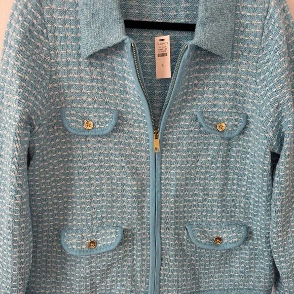 NWT Talbots Blue Knit Zip Front Jacket Cardigan Gold Buttons Size Large - Picture 4 of 7